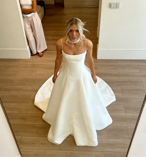 Robe de mariée modeste, robe de bal, bretelles spaghetti, satin blanc, longue, robes de mariée, robes de mariée W0129