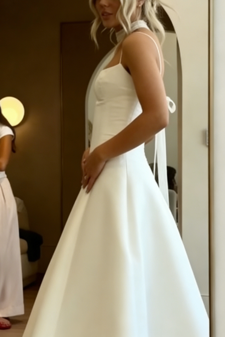 Robe de mariée modeste, robe de bal, bretelles spaghetti, satin blanc, longue, robes de mariée, robes de mariée W0129