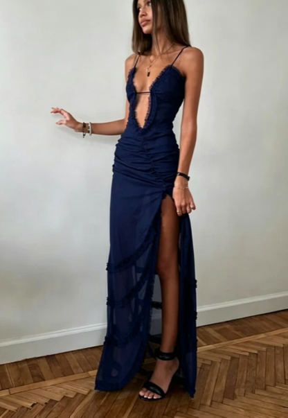 Robe de bal longue sexy à bretelles spaghetti et fentes noires en dentelle, tenue d'invitée de mariage d'été formelle W0220