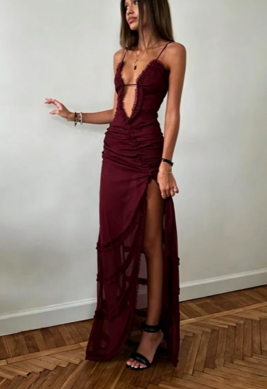 Robe de bal longue sexy à bretelles spaghetti et fentes noires en dentelle, tenue d'invitée de mariage d'été formelle W0220