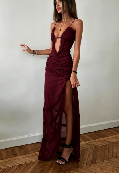 Robe de bal longue sexy à bretelles spaghetti et fentes noires en dentelle, tenue d'invitée de mariage d'été formelle W0220