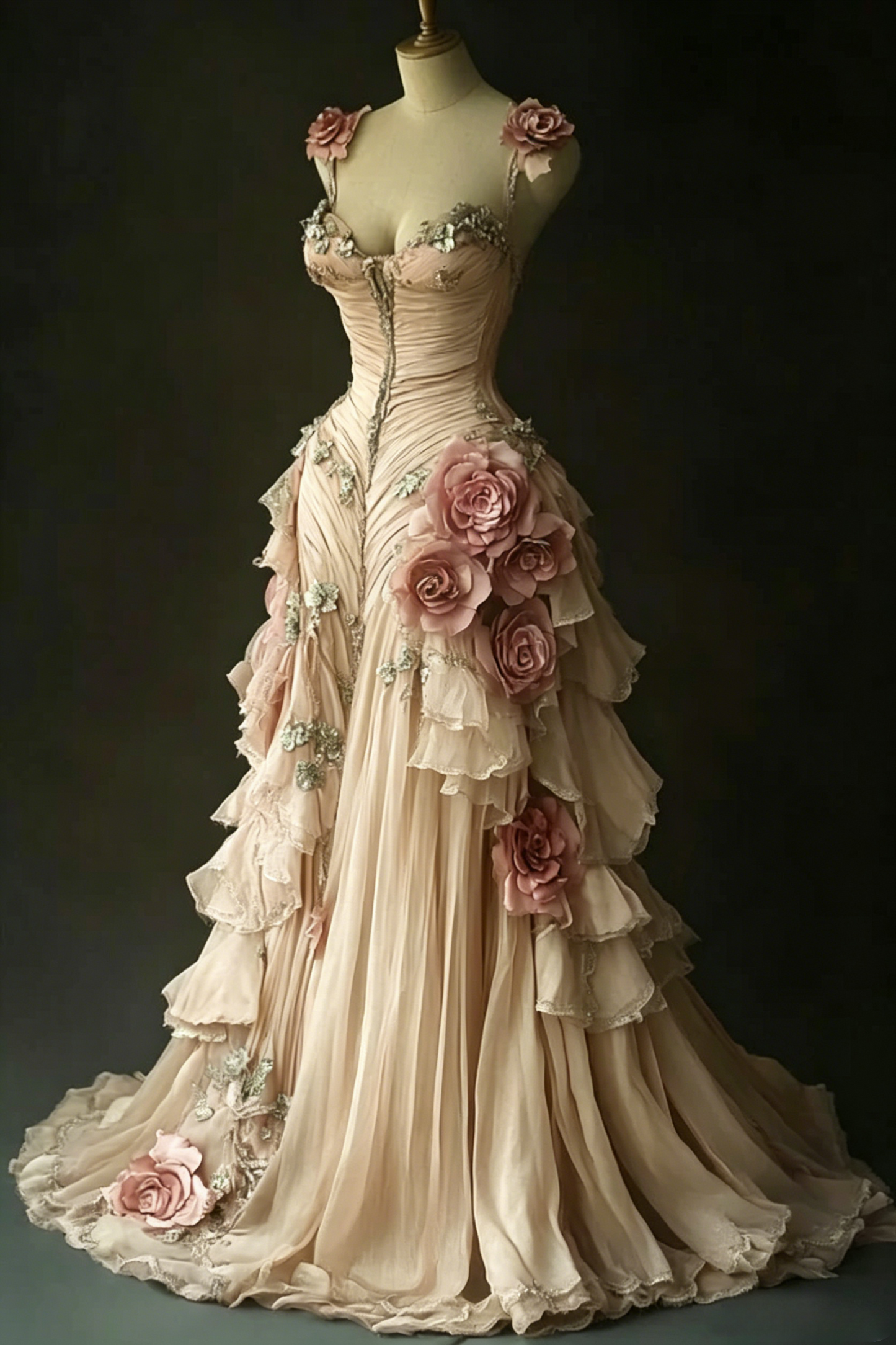 Pretty Ball Gown Pink Spaghetti Straps Tulle Long Quinceanera Dress Formal Short Sleeves Flowers Vestido De 15 Anos W0278