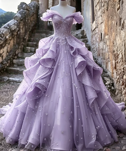 Pretty Ball Gown Off The Shoulder Yellow Beaded Tulle Long Quinceanera Dress Formal Short Sleeves Flowers Vestido De 15 Anos W0279