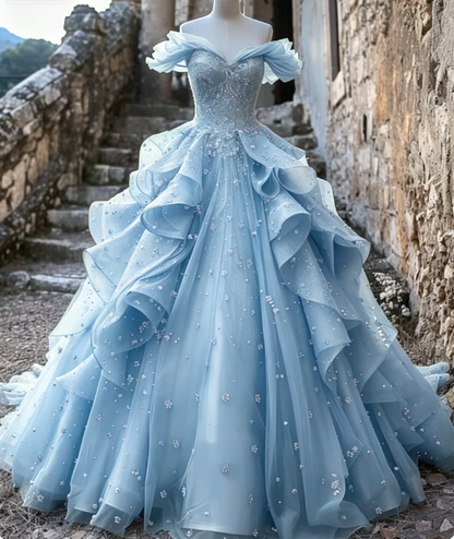 Pretty Ball Gown Off The Shoulder Yellow Beaded Tulle Long Quinceanera Dress Formal Short Sleeves Flowers Vestido De 15 Anos W0279