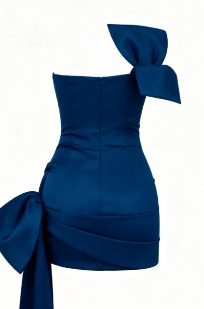 Süßes Etuikleid, trägerlos, Marineblau, Satin, kurz, Mini, formelle Kleider für die 8. Klasse, Sommer, Mittelschule, Hoco-Kleid, Geburtstags-Outfits W1186