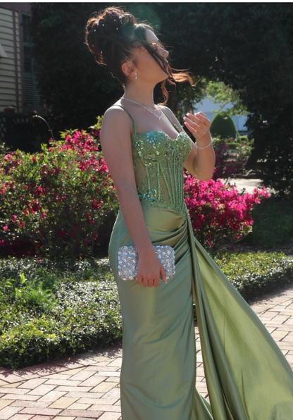 Sexy Mermaid Spaghetti Straps Mint Green Satin Slit Prom Dresses Party Dress Summer 20th Birthday Outfits Birthday Dresses W994