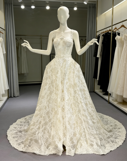 Modest Wedding Dress Ball Gown Square Neck Lace Summer Long White Wedding Dresses Bride Dress Bridal Gowns WD085
